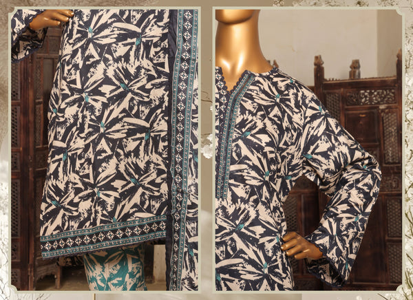 Lawn - Stitched printed 3piece with Lace work - Grey & Skin