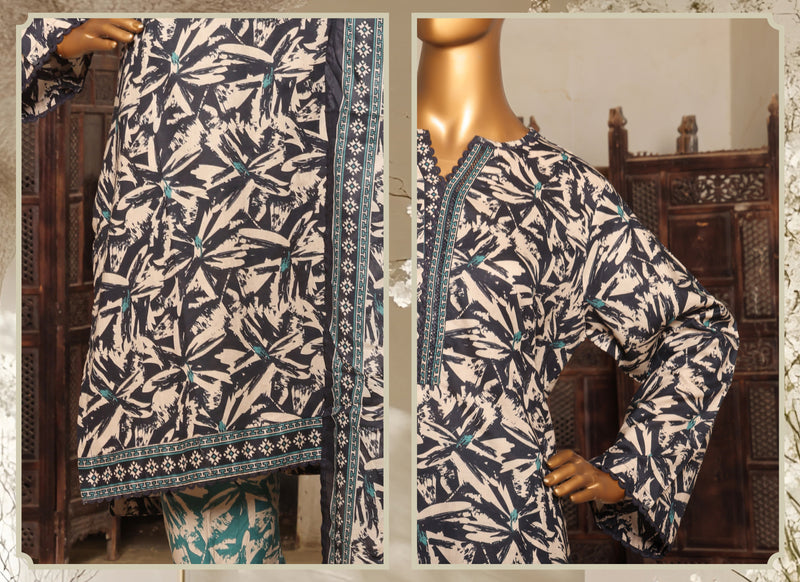Lawn - Stitched printed 3piece with Lace work - Grey & Skin