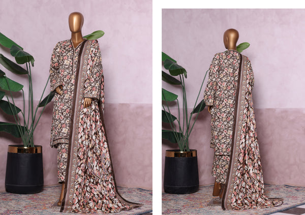Khaddar - Stitched printed 3piece with Lace work - Brown
