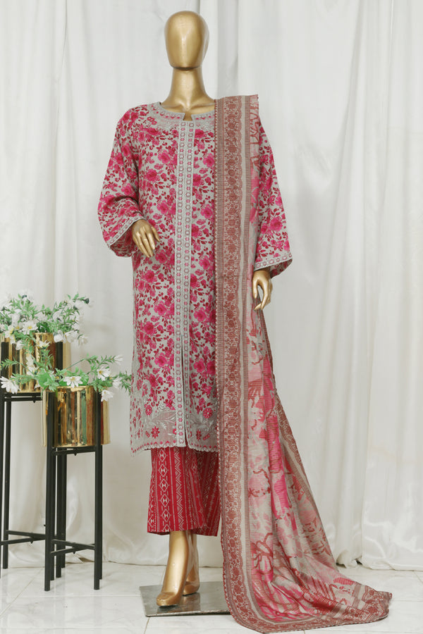 Lawn (front open style) - Stitched Embroidered 3piece with Lace work - Pink