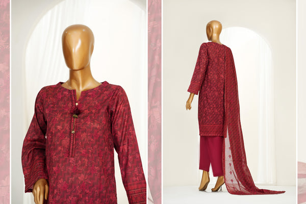 Lawn PrintKari - Stitched Embroidered 3piece with Lace work - Maroon