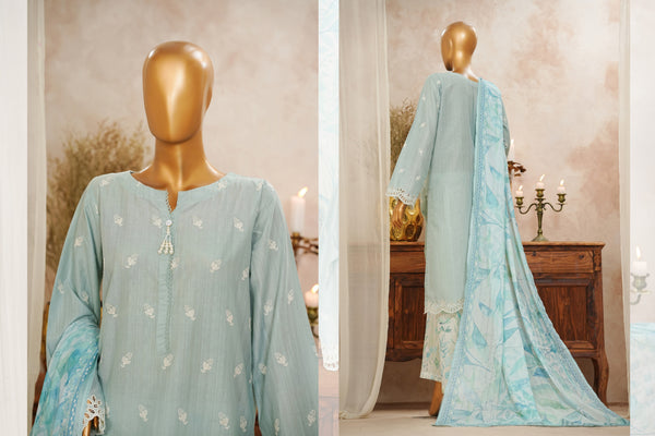 Lawn Slub - Stitched Chikankari Embroidered 3piece with Lace work - Sky Blue