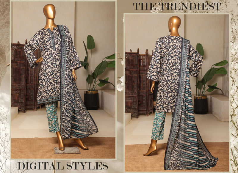 Lawn - Stitched printed 3piece with Lace work - Grey & Skin