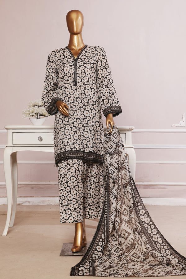 Lawn - Stitched printed 3piece with Farshi Shalwar - Black and white