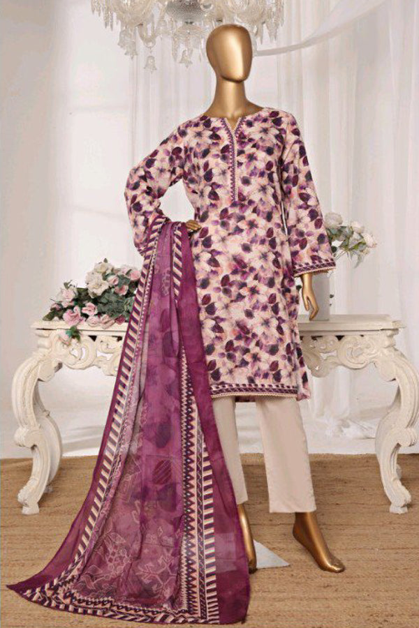 Lawn - Stitched printed 3piece with Lace work - Dark Pink