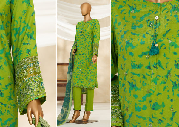 Cambric | Cotton - Stitched printed embroidered silk 3piece with Boring, Cutwork & Mirror work - Neon Green