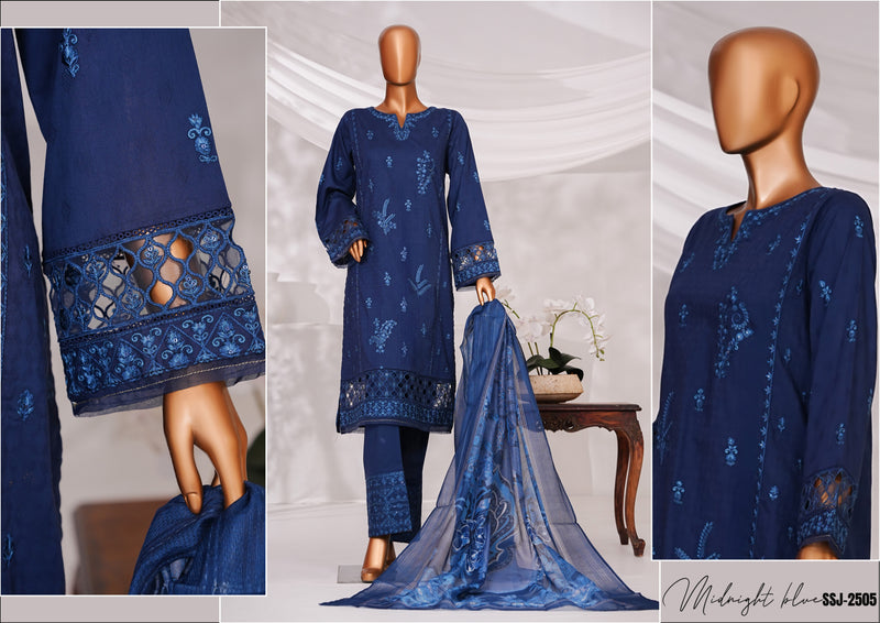 Cambric | Cotton - Stitched Embroidered Printed 3piece with Nannokara Dupatta - Midnight Blue