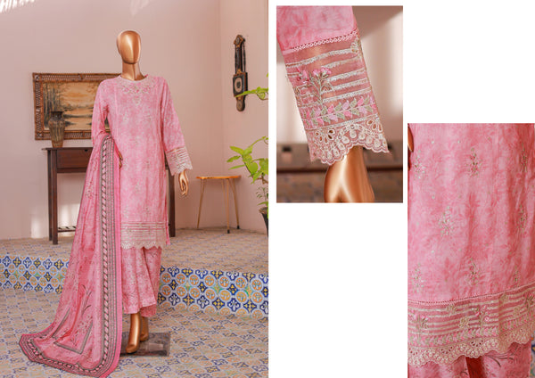 Lawn Self stripe- Stitched Embroidered 3piece with Lace work - Pink
