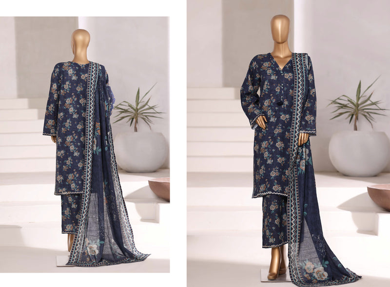 Khaddar - Stitched Embroidered 3piece collection with Lace work - Dark Blue