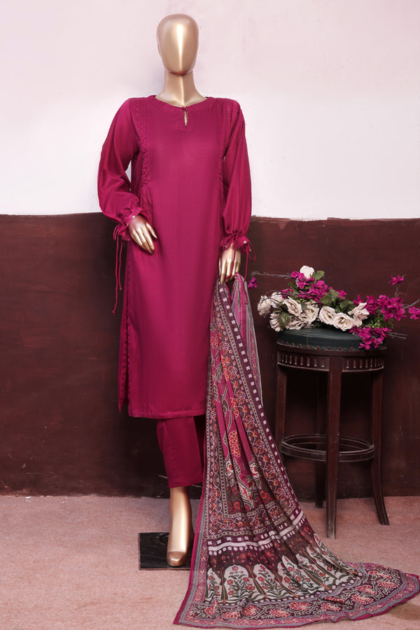 Cambric - Stitched printed 3piece with Lace work - Pink