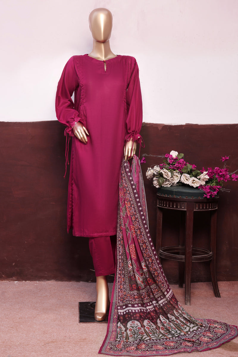 Cambric - Stitched printed 3piece with Lace work - Pink