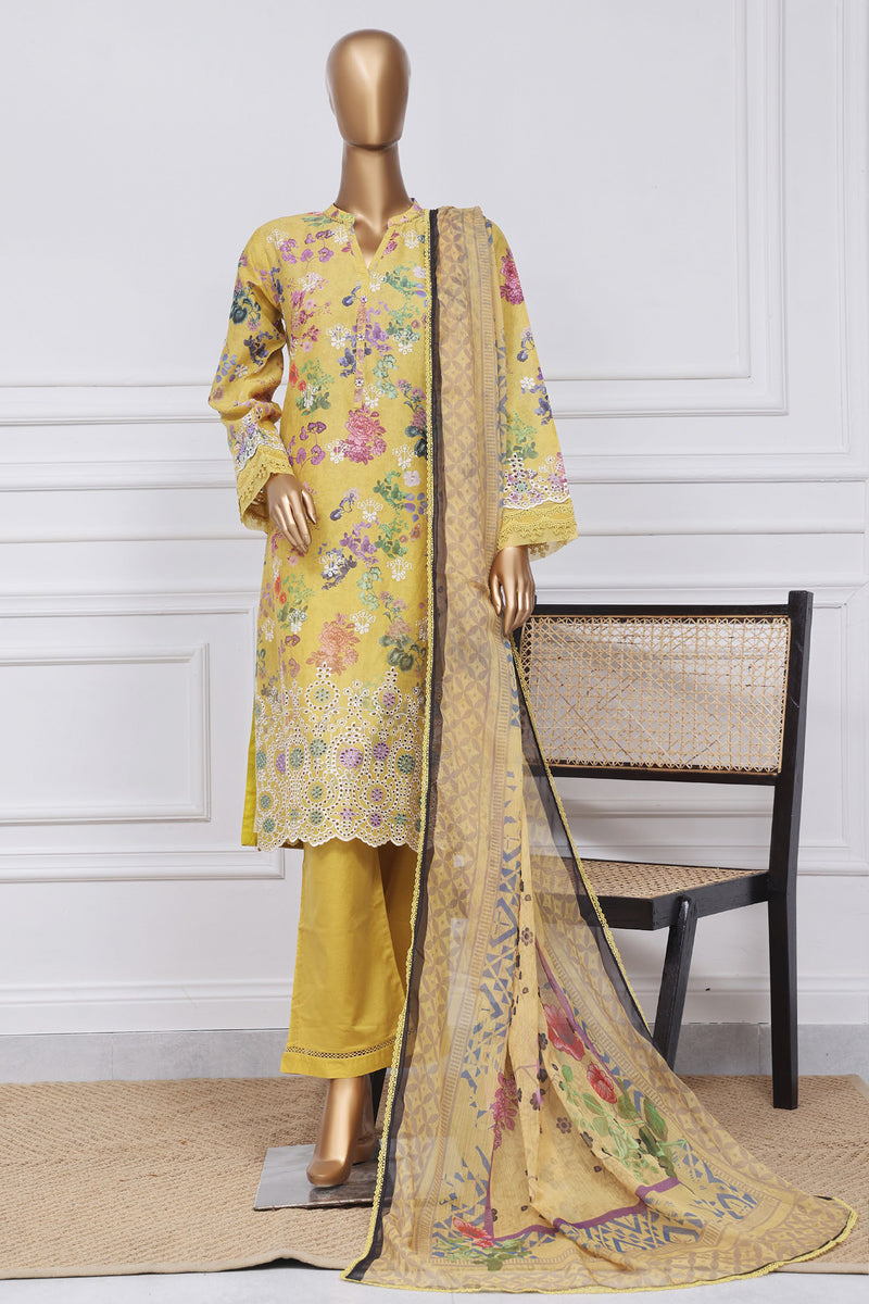 Lawn - Stitched Print Chikankari Embroidered 3piece with Chiffon Dupatta - Yellow