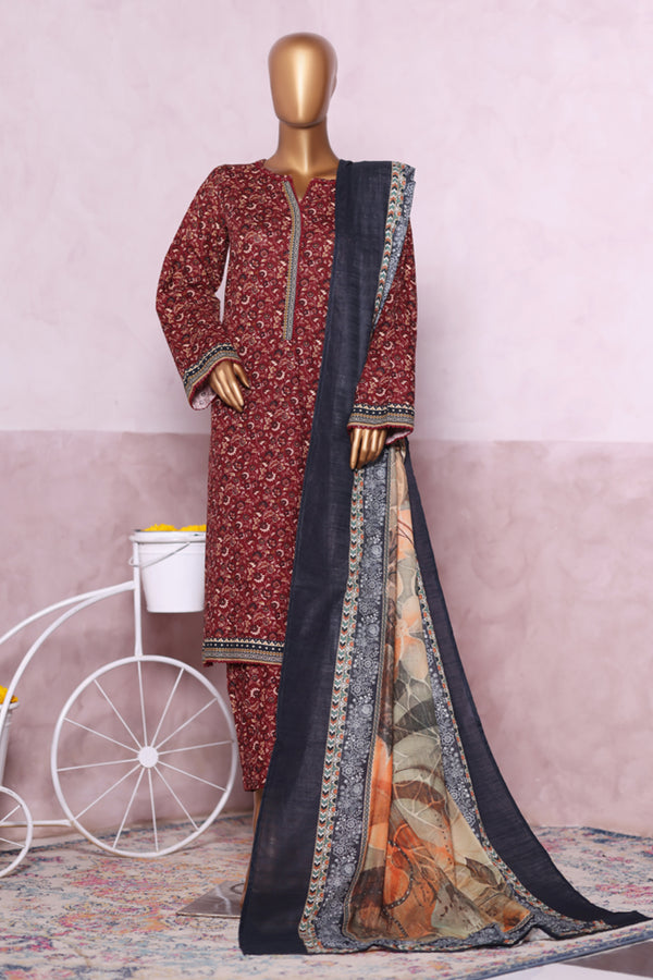Khaddar - Stitched printed 3piece with Lace work - Maroon
