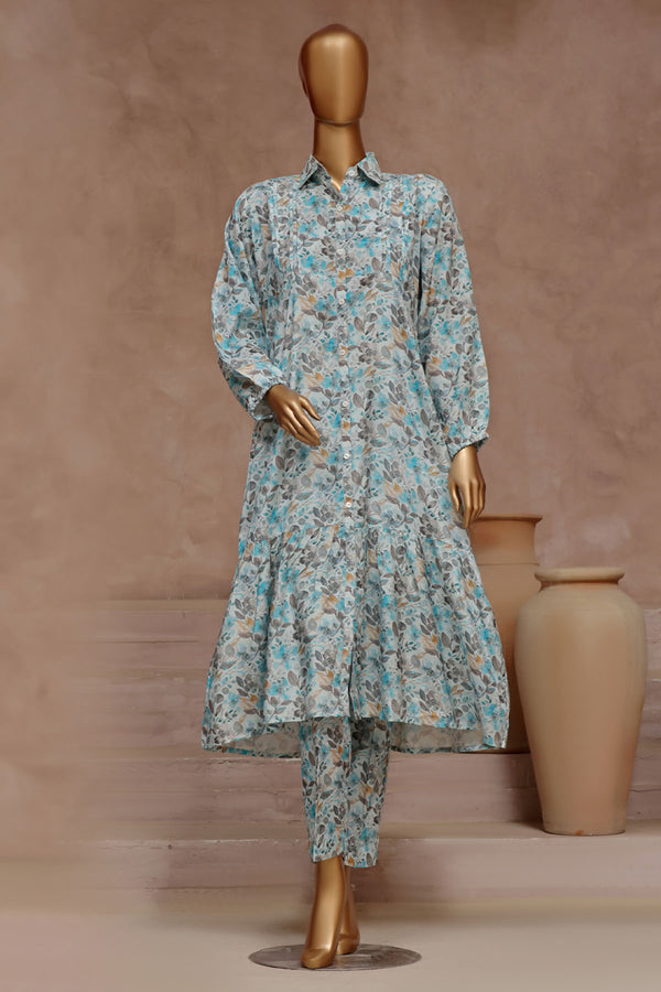 Rawsilk - Stitched floral printed frock style Co-ord set - Sky Blue