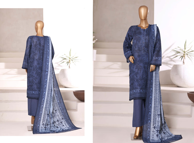 Khaddar - Stitched printed 3piece with Lace work - Blue