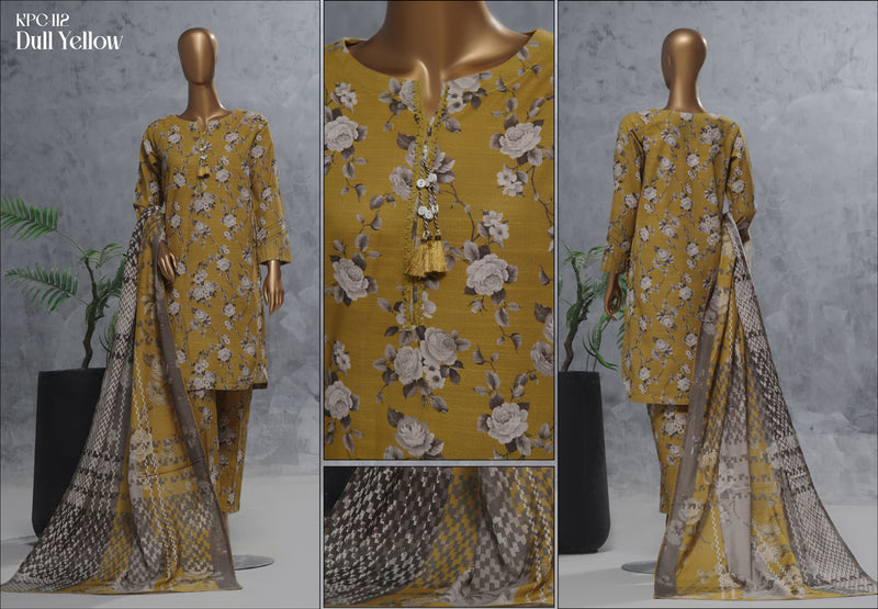 Khaddar - Stitched Printed 3 Piece Suit with Lace work - Dull Yellow