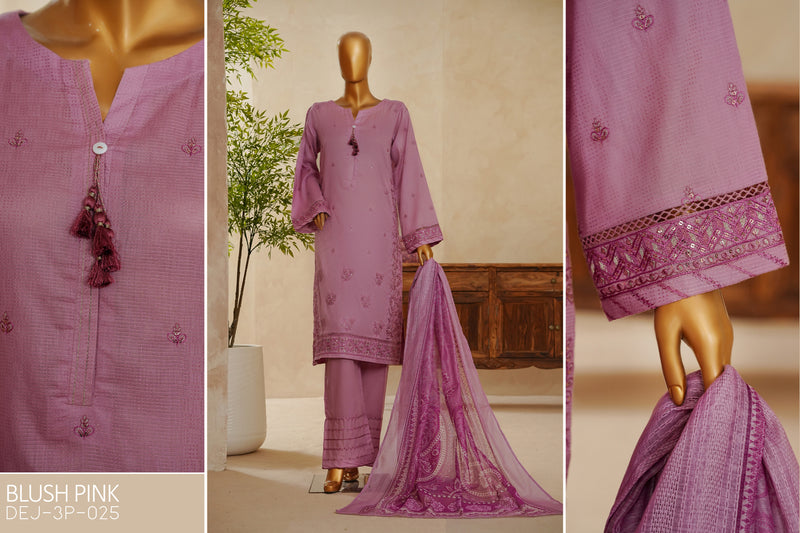 Lawn Jacquard - Stitched Embroidered 3 piece with lace work - Blush Pink