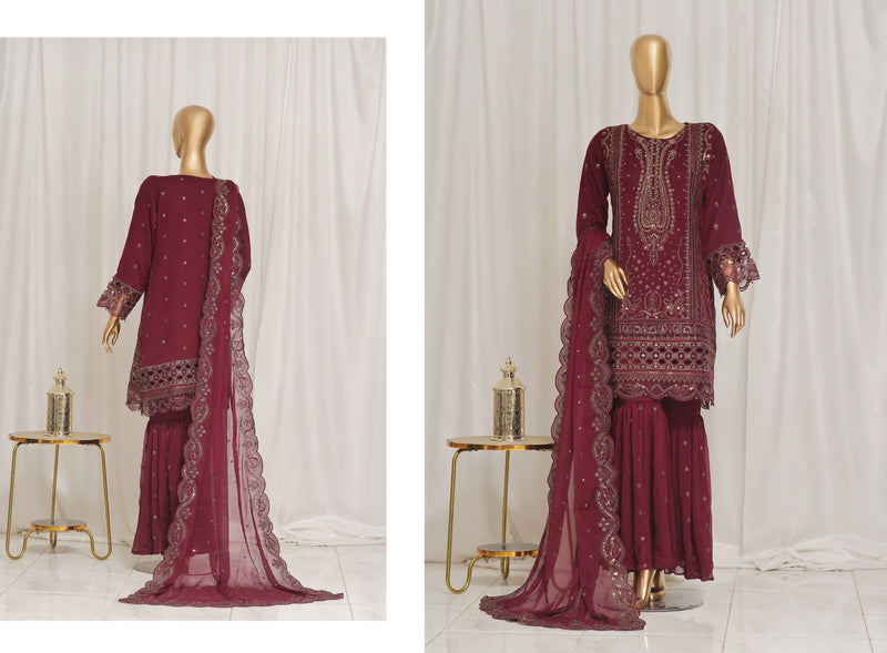 Formal Luxury Chiffon - Stitched Embroidered 3piece with Emb Dupatta - Maroon