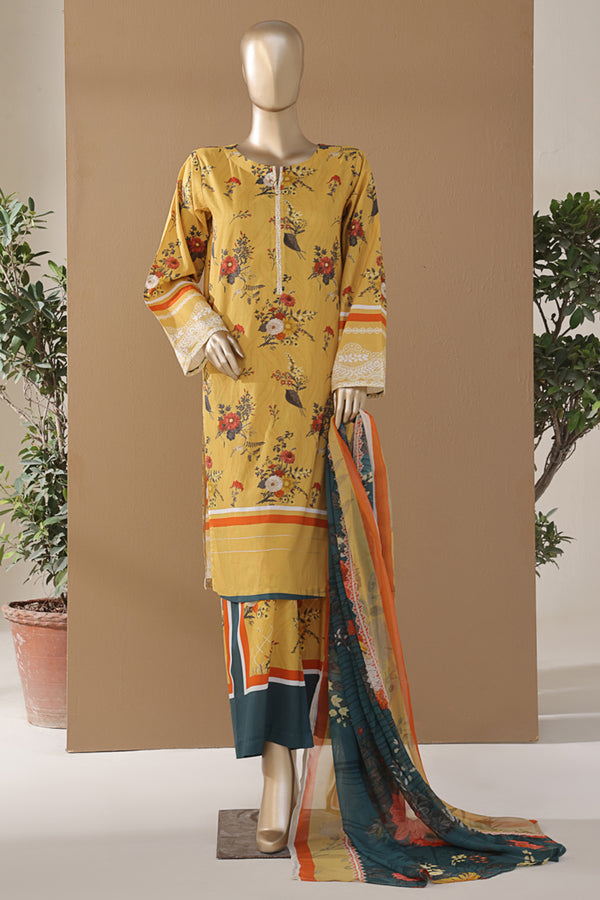 Cambric | Cotton - Stitched printed 3piece with Bamber chiffon Dupatta - Yellow