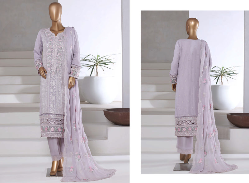 Chiffon - Stitched Formal Embroidered 3piece with Hand work - Coral