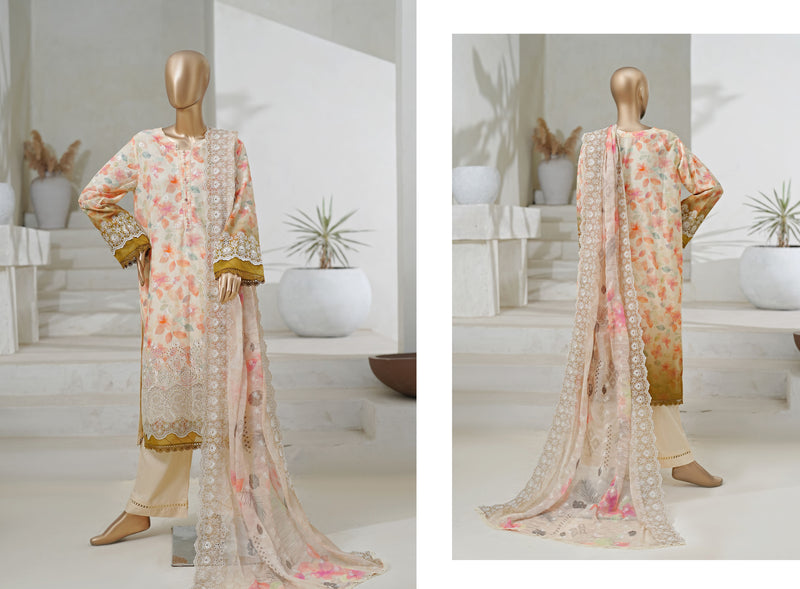 Lawn - Stitched Embroidered 3piece with Cutwork & Printed chiffon Dupatta - Peach