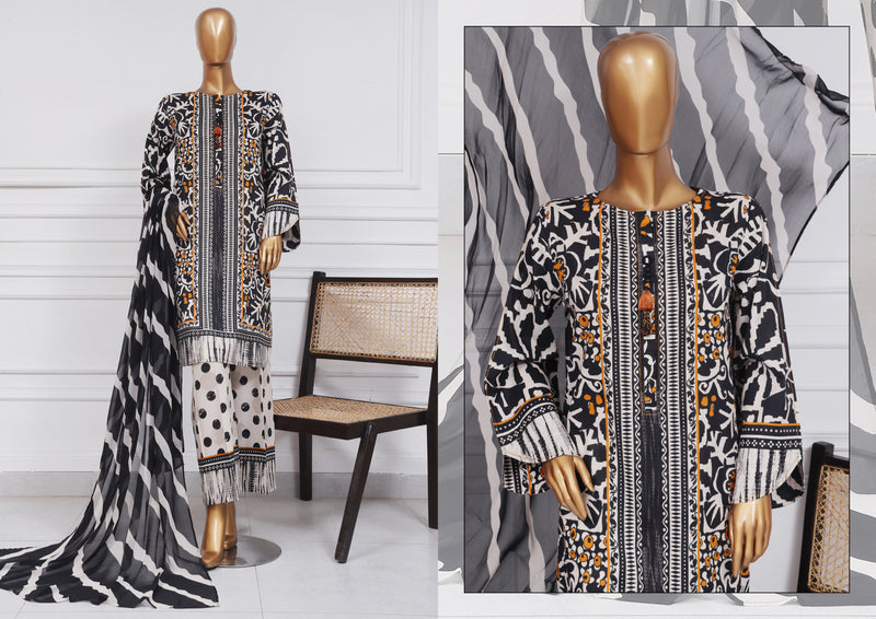 Lawn - Stitched Printed 3 piece with Chiffon Dupatta - Black Mustard