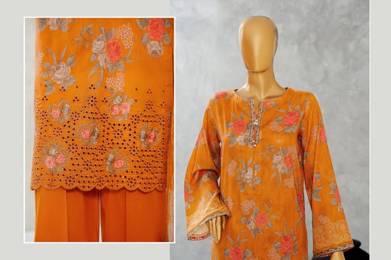 Lawn - Stitched Digital Printed Embroidered 3piece with Boring work - Orange