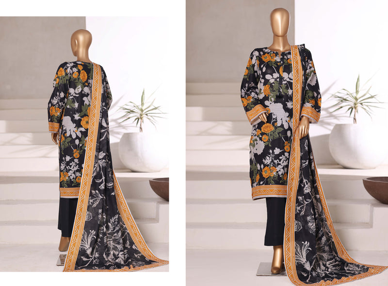 Khaddar - Stitched printed 3piece with Lace work - Black & Yellow
