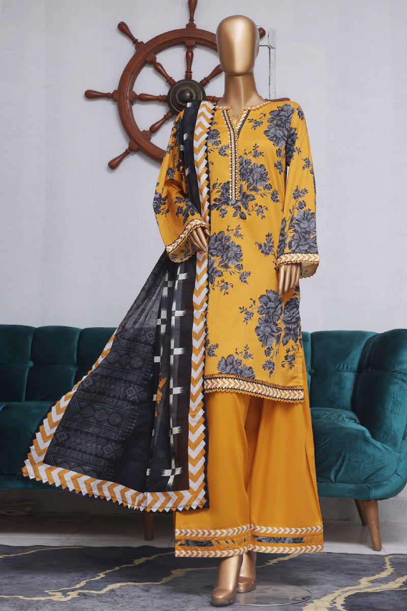 Lawn - Stitched printed 3piece with Farshi Shalwar - Yellow