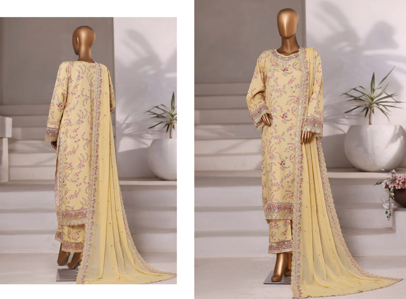 Luxury viscose - Stitched Embroidered 3piece with Chiffon embroidered Dupatta - Yellow