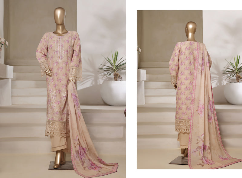 Lawn - Stitched Digital Printed Embroidered 3piece with Lace work - Skin