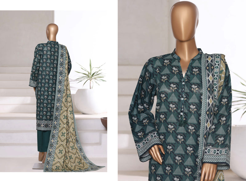 Khaddar - Printed 3piece collection with Lace work - Dark Green