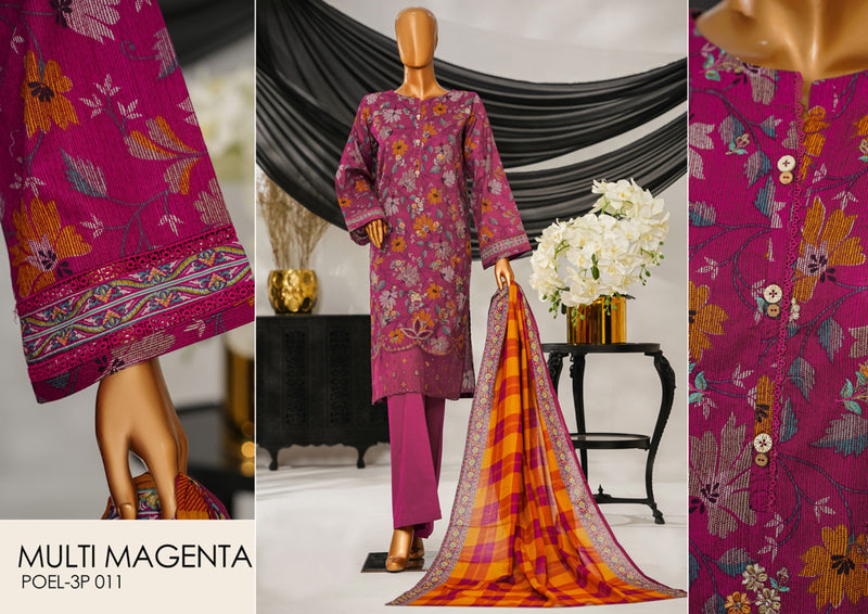 Cotton | Cambric - Stitched Embroidered 3piece with Lace work - Multi Magenta