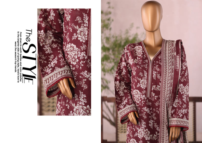 Khaddar - Stitched  printed 3piece with Lace work  -  Reddish - Brown