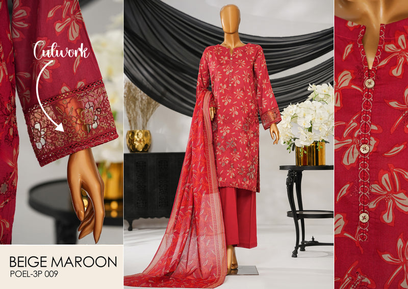 Cotton | Cambric - Stitched Embroidered 3piece with Lace work - Beige Maroon