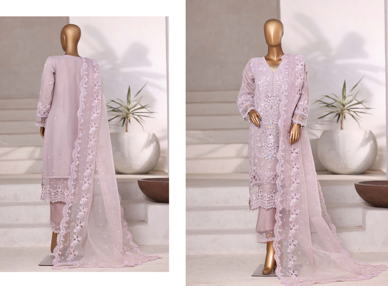 Organza - Stitched Embroidered 3piece with Hand work - Light Purple