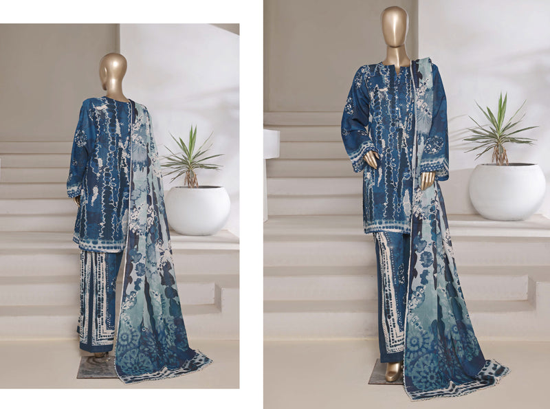 Cotton | Cambric - Ready to wear printed 3piece in tie & Dye Style - Blue