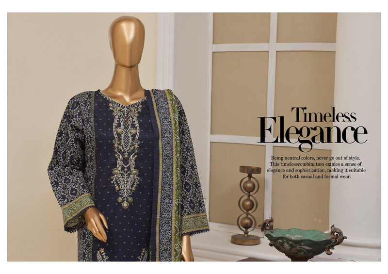 Lawn - Stitched Embroidered 3piece with Lace work - Navy Blue