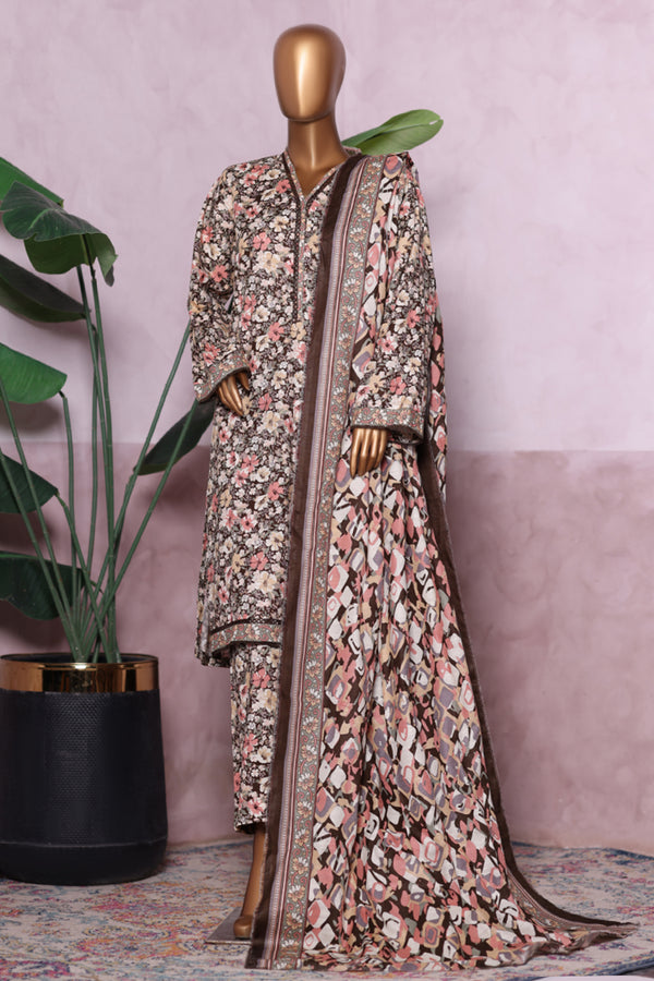 Khaddar - Stitched printed 3piece with Lace work - Brown