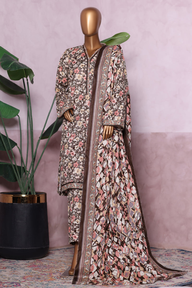 Khaddar - Stitched printed 3piece with Lace work - Brown