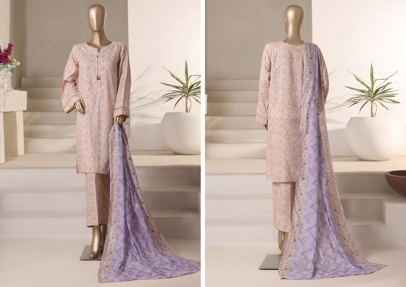 Cambric - Stitched printed 3piece with Lace work - Crunch Beige