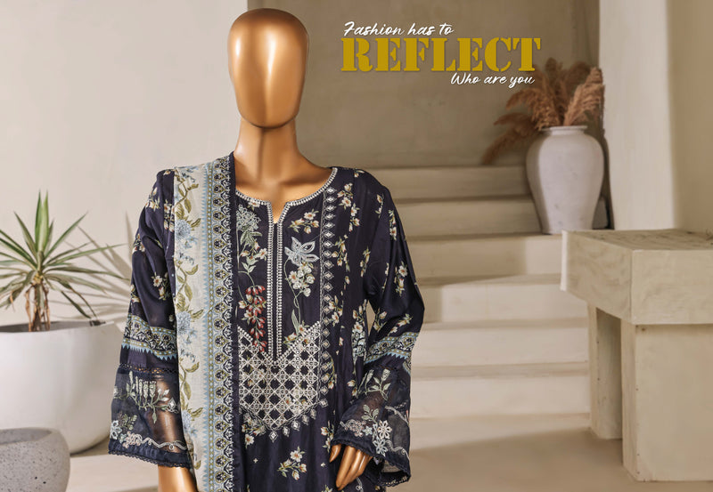 Lawn - Stitched Embroidered Chikankari 3piece with Lace work - Navy Blue