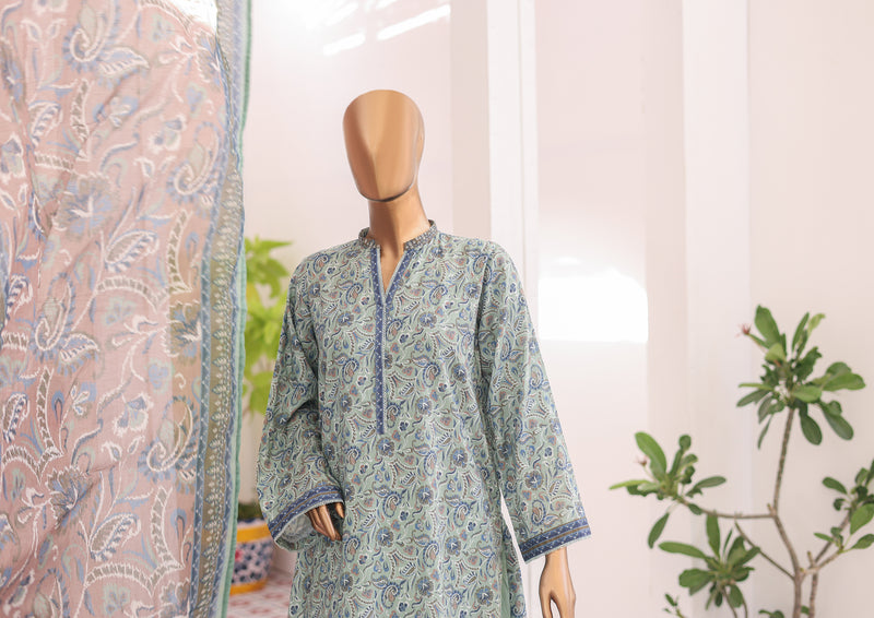 Lawn - Stitched printed 3piece with Farshi Shalwar - Sea Green