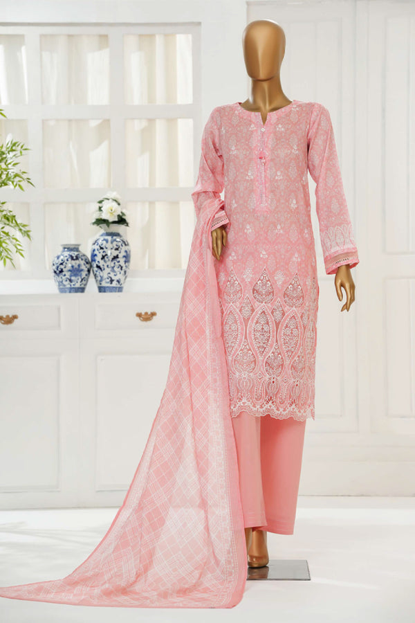 Cambric Chikankari - Stitched Embroidered 3piece with Lace work - Pastel Pink
