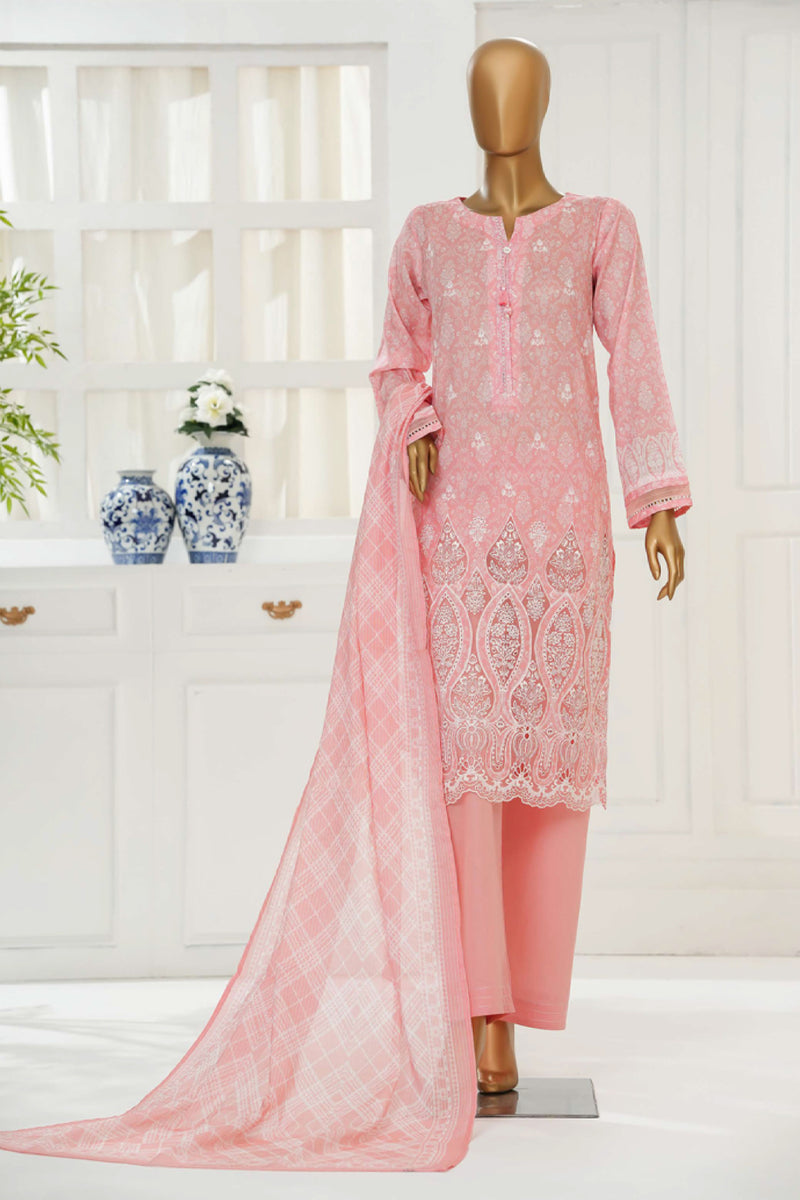 Cambric Chikankari - Stitched Embroidered 3piece with Lace work - Pastel Pink