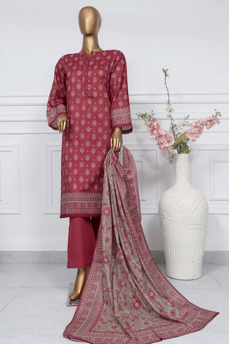 Lawn - Stitched Printed 3piece with Lace work - Maroon