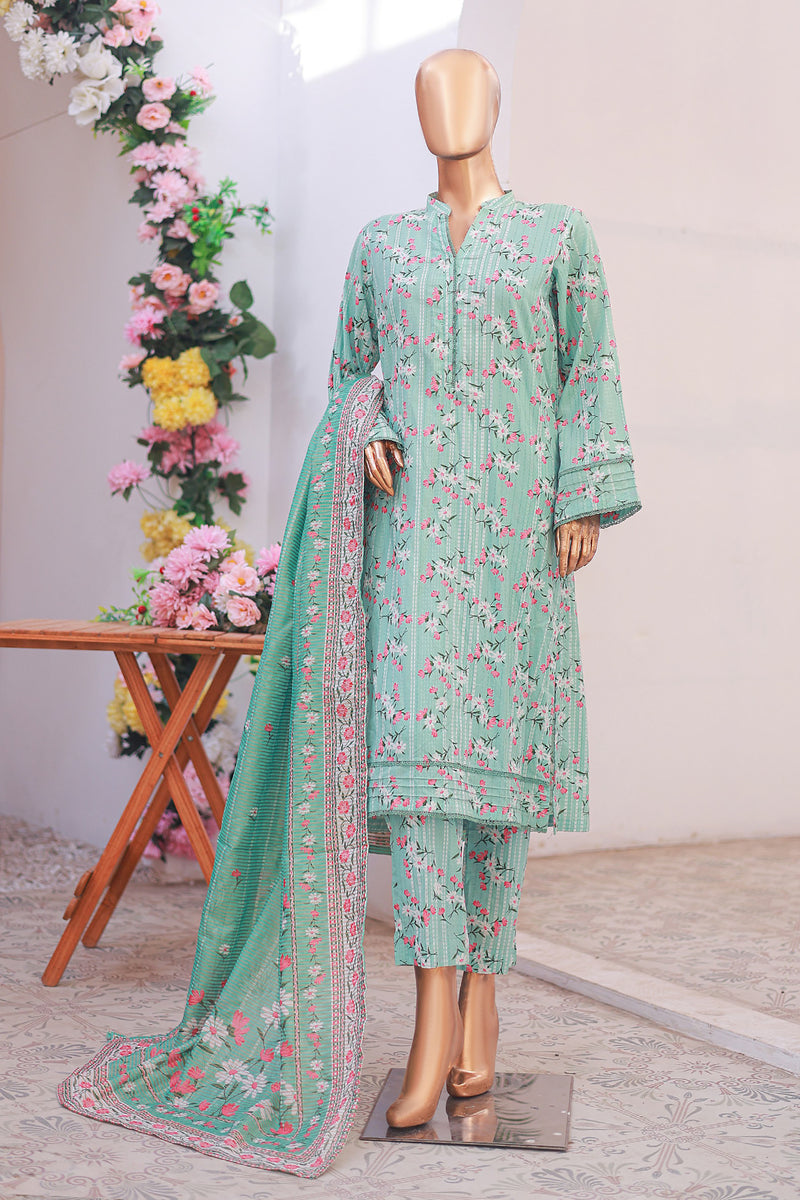 Lawn - Stitched printed 3piece with Lace work - Sea Green