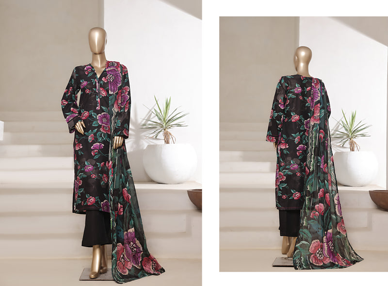 Lawn - Stitched printed 3piece with Lace work - Black
