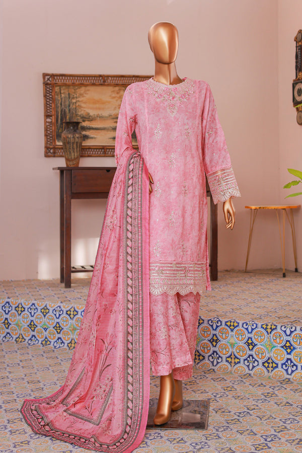 Lawn Self stripe- Stitched Embroidered 3piece with Lace work - Pink