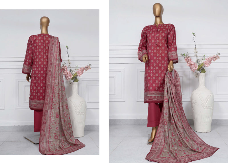 Lawn - Stitched Printed 3piece with Lace work - Maroon